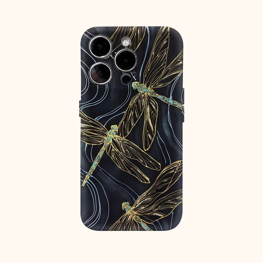Goldene Handyhülle mit Libellen-Silhouette für iPhone 17 Pro Max, 16, 15, 14, 13, 12, 11 und weitere Modelle mit doppellagiger Rückseite - Bild 2