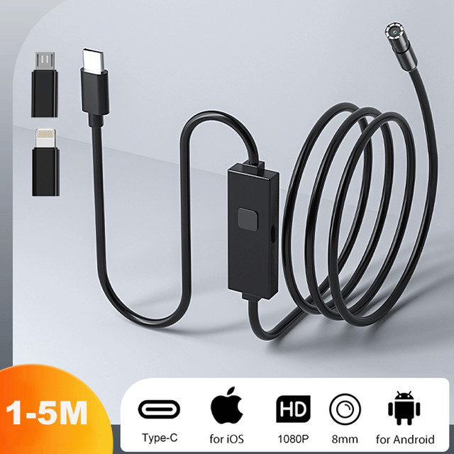 BUMBORN 3-in-1 Industrie-Endoskop mit direkter Telefonverbindung für iOS, Android und USB-C, Inspektionskamera in Schwarz - Bild 1