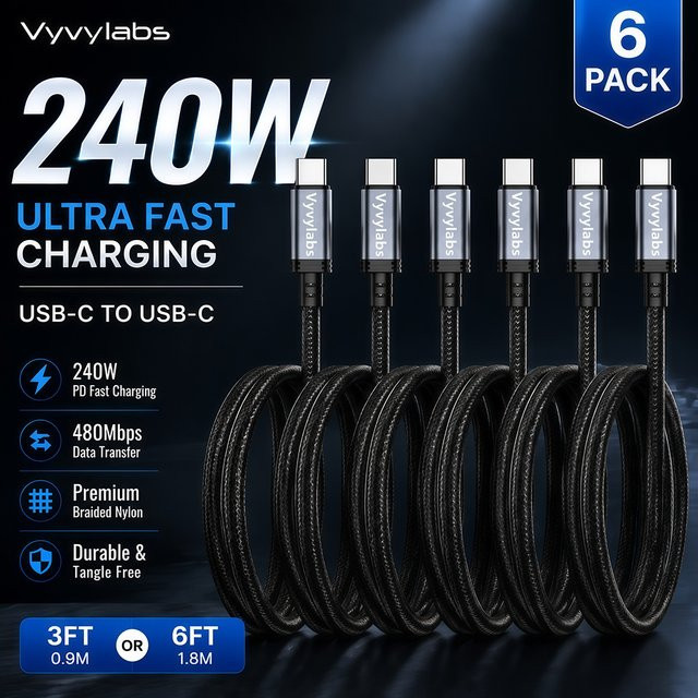 Vyvylabs 6er-Pack USB-C auf USB-C Kabel 240W geflochten, Schwarz, für schnelles Laden von iPhone 17 16 15 Pro Max, Galaxy S25 S24 und MacBook - Bild 1