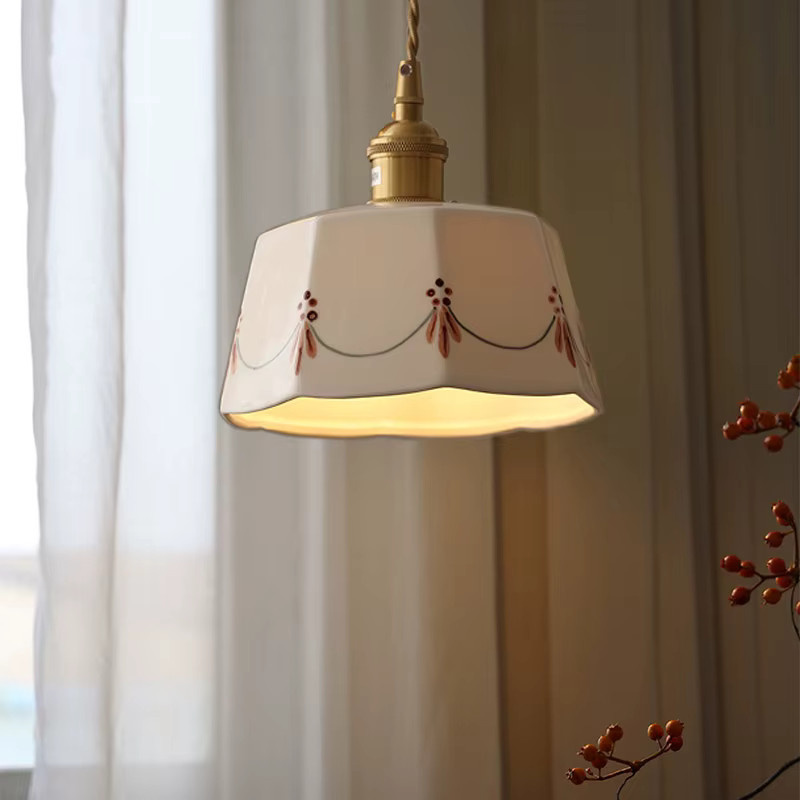 Japanischer Retro-Kronleuchter aus Keramik in Gold/Messing mit weißem Dom-Schirm für Schlafzimmer, Restaurant und Eingangsbereich - Bild 2