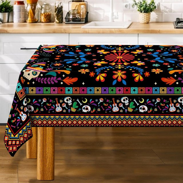 Wasserdichte Tischdecke mit mexikanischem Blumen-Totenkopf-Design von JINGYUE Pet, quadratisch, Mehrfarbig, B/B: 140 x 140 cm - Bild 1
