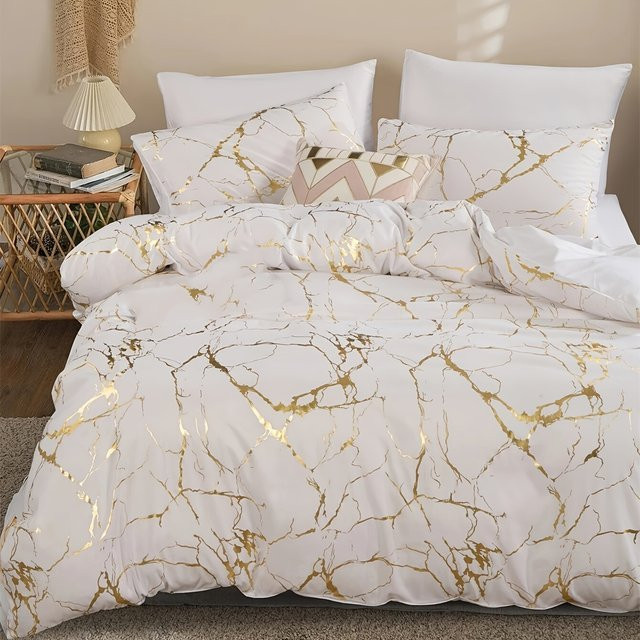 Evich 3-teiliges Queen-Bettwäsche-Set aus Mikrofaser mit Marmor-Print in Weiß, Bettbezug mit Reißverschluss, B/H: 135 x 200 cm - Bild 1