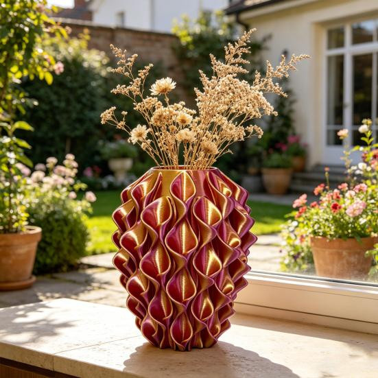 Territory Dekorative 3D-gedruckte Blumenvase in Rot-Gold mit geometrischer Wellenform im Modern Boho Stil - Bild 4