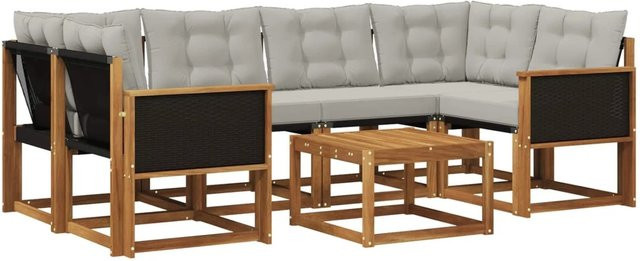 vidaXL Outdoor-Sofagarnitur L-Form aus Akazienholz mit Textilene und Kissen, Grau/Natur, 7-teilig - Bild 1
