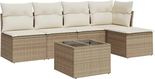 vidaXL 6-teilige Garten-Sofagarnitur in L-Form aus Poly-Rattan mit beige-cremen Kissen - Bild 1