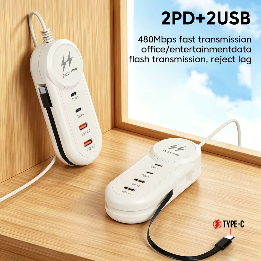 USB-C Schnellladegerät PD Typ-C Wandadapter mit Mehrfach-USB-Hub und Verlängerungskabel in Weiß - Bild 4