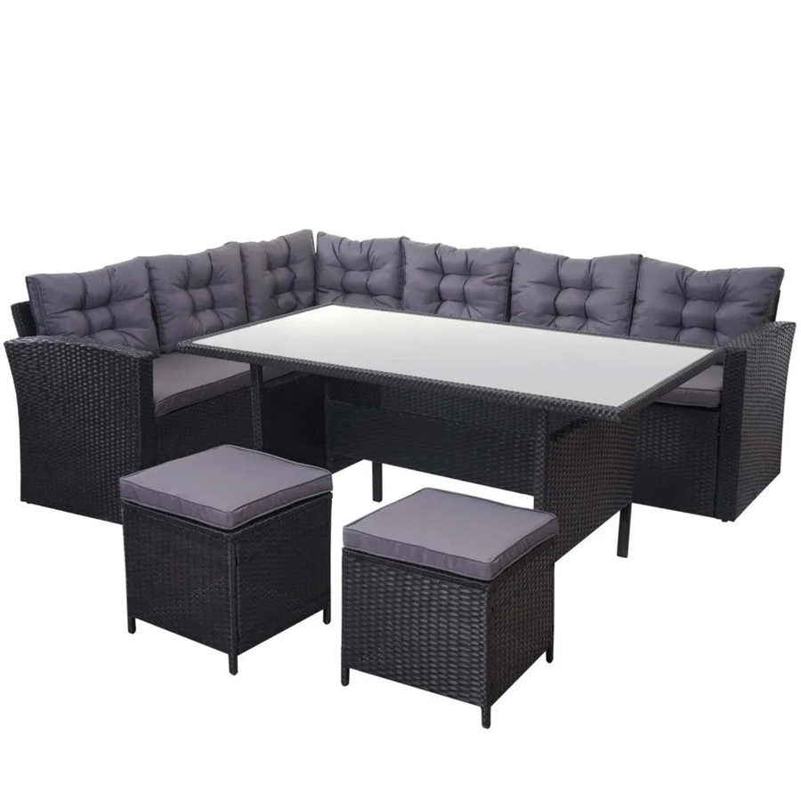 MCW Poly-Rattan-Gartengarnitur A29 in Schwarz mit dunkelgrauen Kissen und 2 Hockern - Bild 3
