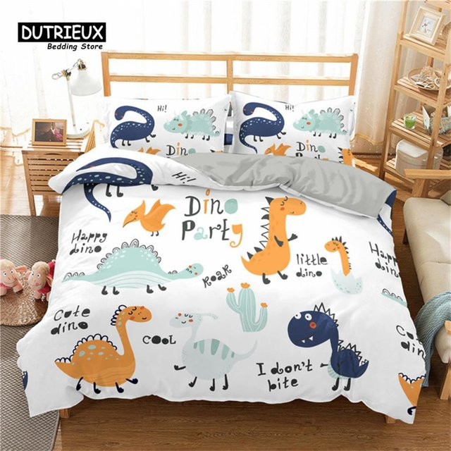 Binchi Outdoor Product Bettwäscheset mit Cartoon-Dinosaurier-Motiv aus Mikrofaser, 3-teilig, Weiß, B/H: 140 x 200 cm - Bild 1