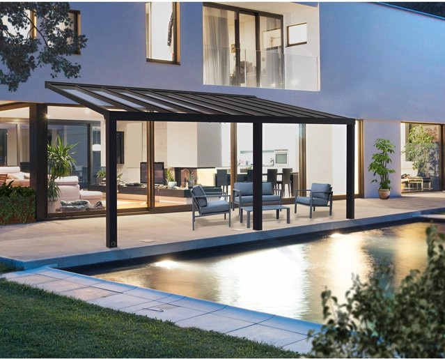 Palram - Canopia Terrassenüberdachung Stockholm in Anthrazit mit Polycarbonat-Dach und integrierter Dachrinne, B/T: 7,4 m x 3,4 m - Bild 1