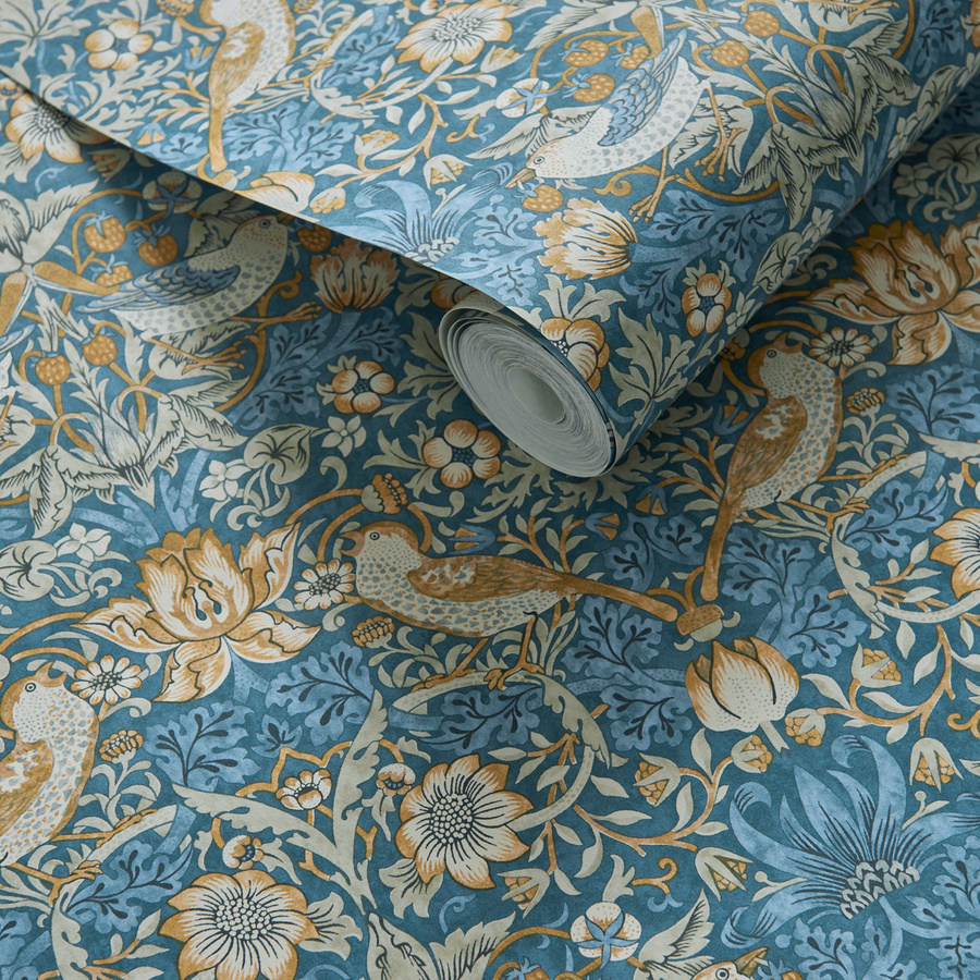Clarke & Clarke Tapete Strawberry Thief in Denim/Spice mit floralem Motiv und botanischem Design - Bild 1