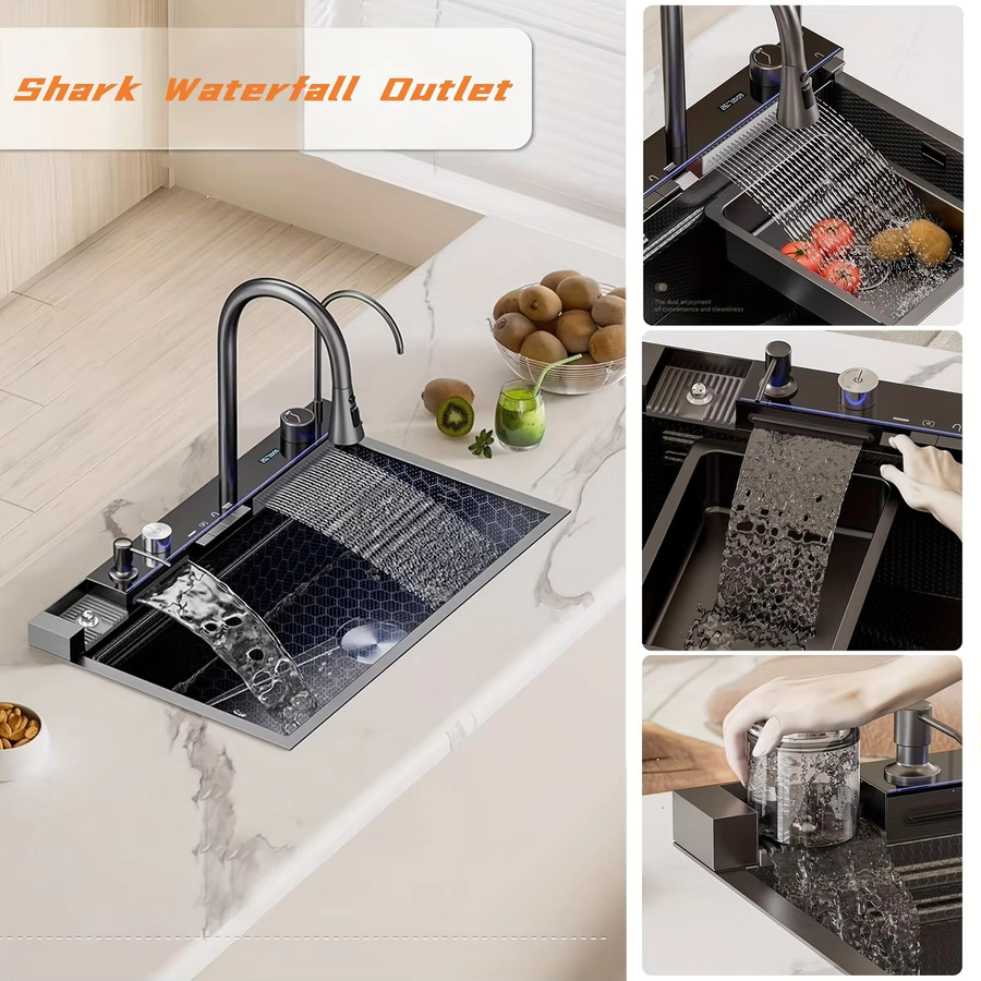 Musurjoy Moderne Freistehende Küchenspüle in Schwarz mit Wasserfall-Armatur, ausziehbarer Brause, Schneidebrett und Zubehör, B: 74,93 cm, T: 44,96 cm - Bild 4