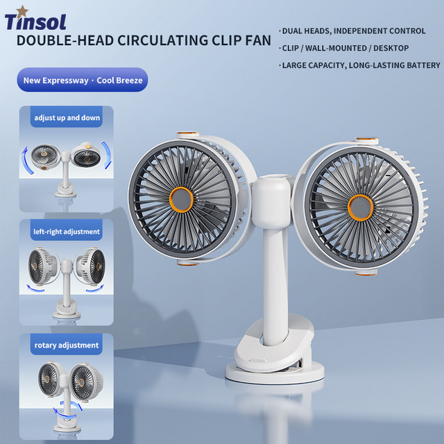 TINSOL Multifunktionaler elektrischer Doppelkopf-Ventilator in Weiß, tragbarer USB-Tischventilator und wandmontierbarer Mini-Ventilator, wiederaufladbar - Bild 1
