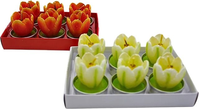 Dekohelden24 12er Set Tulpenkerzen als Tischkerzen in Weiß, Orange und Multicolour, Maße je Kerze B: 4 cm, T: 4 cm, H: 7 cm - Bild 1