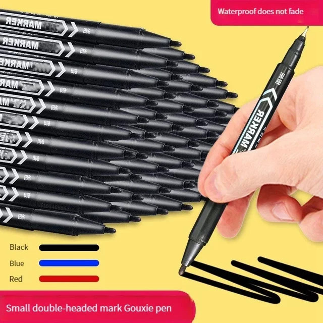 Kissbuty Permanent Marker Set mit Doppelspitze, wasserfeste Fettfarbe in Schwarz und Rot, Fein- und Breitspitze für Zeichnungen und Beschriftungen - Bild 1