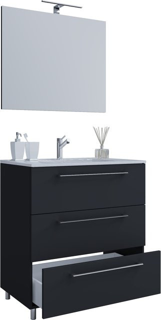 VCM Badmöbel Set 3-tlg. Waschplatz mit Waschtisch aus Keramik, Unterschrank mit drei Schubladen und Spiegel, Schwarz, B/H/T: 60 x 86 x 46 cm - Bild 1