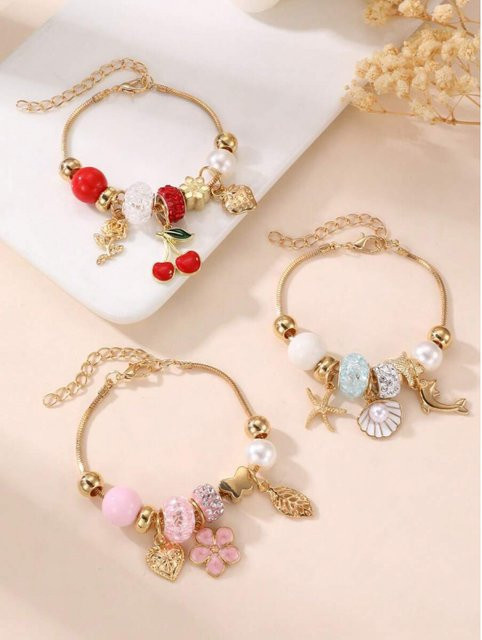 Charm-Armband-Set für Mädchen, Muschel, Pentagramm, Blume, Seestern, Kirsche - Bild 1