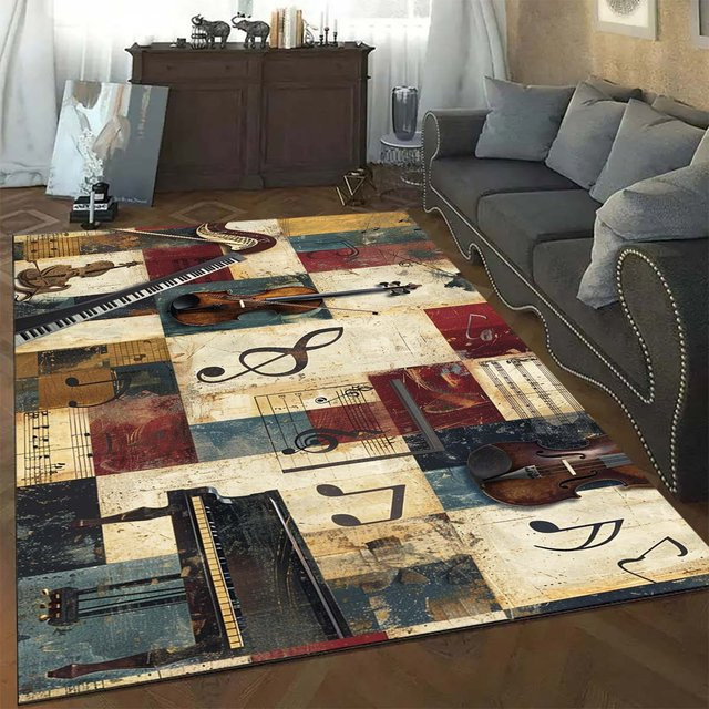 VIKAMA Fußmatte im Vintage-Stil mit Musikthema, rutschfest und maschinenwaschbar, B/H: 90 x 60 cm, Mehrfarbig - Bild 1