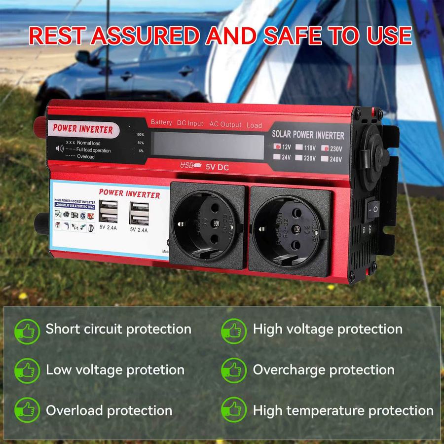 OWJHE Wechselrichter DC 12V zu AC 220V mit 4 USB-Anschlüssen und LED-Anzeige in Rot - Bild 4