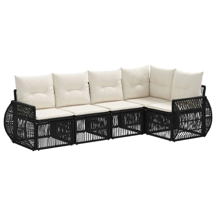 vidaXL Gartensofa-Set 5-teilig in Schwarz und Cremeweiß aus Poly-Rattan mit L-Form, Eckelement, Ottoman und Polsterkissen - Bild 2