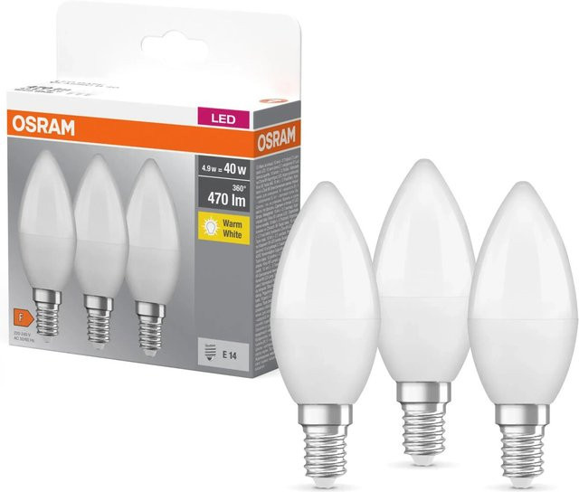 Osram LED-Leuchtmittel E14 Kerzenform in Warmweiß, 3er Set, 4,9 W, Höhe: 10 cm, Durchmesser: 3,7 cm - Bild 1