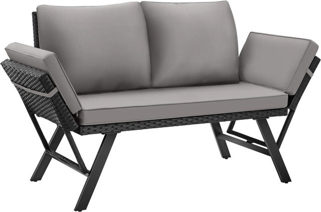 tectake Rattan-Loungesofa mit 2in1 Funktion in Schwarz-Hellgrau, B: 157 cm, T: 61 cm, H: 89 cm - Bild 2