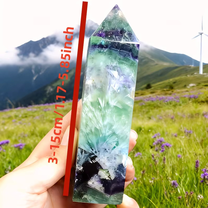 Natürlicher Feder-Fluorit quadratischer Säulenblock von CrystalHola in Grün mit Schneeflockenmuster als polierte Kristall-Dekoration im Bohemian-Stil - Bild 4