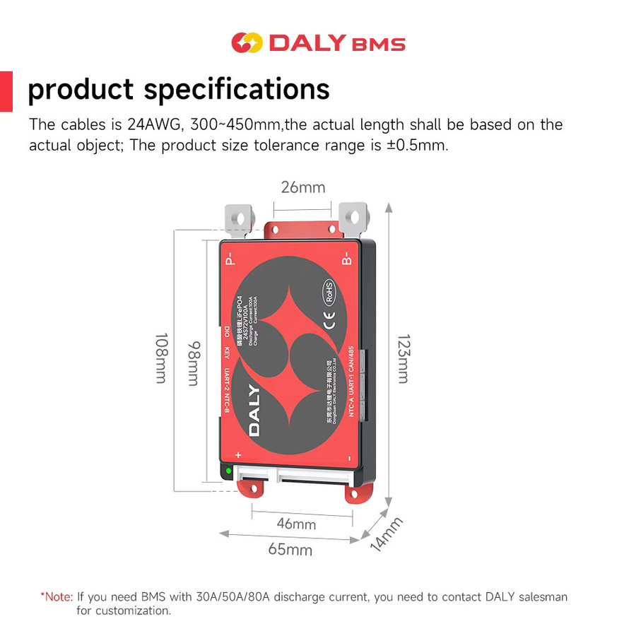 Daly Smart BMS Bluetooth Batterie-Schutzplatine für LiFePO4 12V 24V 48V 100A in Rot - Bild 4
