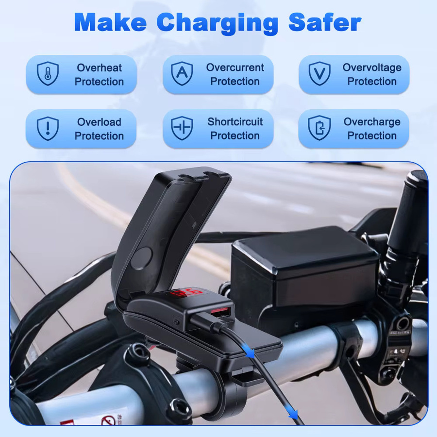 Elektrisches Motorrad-Handy-Ladegerät mit USB-A und USB-C, wasserdicht nach IPX5, 12 V, Schwarz - Bild 3