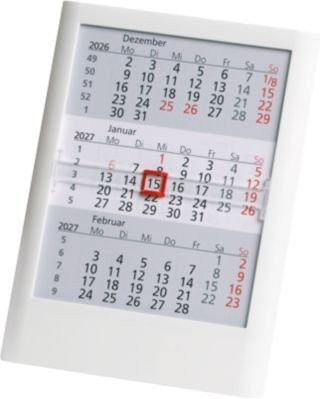 Tisch-Aufstellkalender Standard 2027/2028 in Weiß mit rotem Datumsschieber, 24 Seiten, B: 120 mm, H: 160 mm - Bild 1