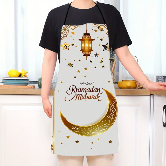 Ramadan-Schürze von ZZN in Weiß-Gold mit Halbmond, Sternen und Ramadan Mubarak Text im orientalischen Design - Bild 1