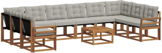 vidaXL Outdoor-Sofagarnitur in U-Form aus Akazienholz mit Textilene und Kissen, 11-teilig, Grau und Natur - Bild 1