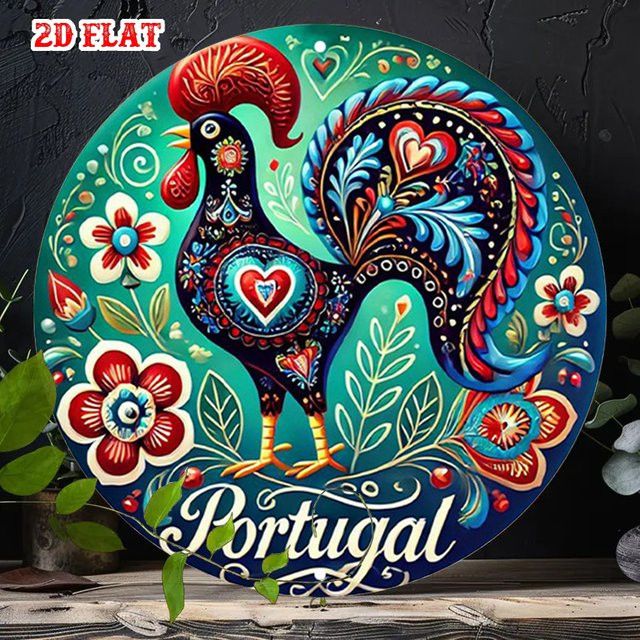 Vintage portugiesische Metallwanddekoration Potdemiel mit Hahn und floralen Motiven, Multicolor (Rot, Blau, Grün) - Bild 1