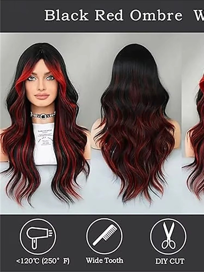 Hairjoy Ombre-Synthetik-Perücke, gewellt, Vorhang-Pony, schwarz-rot, 66 cm - Bild 4