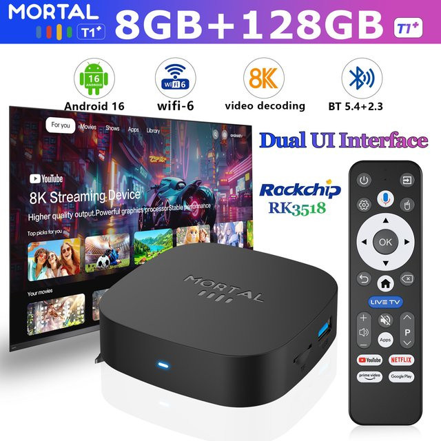MORTAL Android TV Box T1+ mit Rockchip RK3518, Android 16, 8 GB RAM, 128 GB ROM, WiFi 6, Bluetooth 5.4 und 8K Ultra HD Smart Media Player in Schwarz - Bild 1