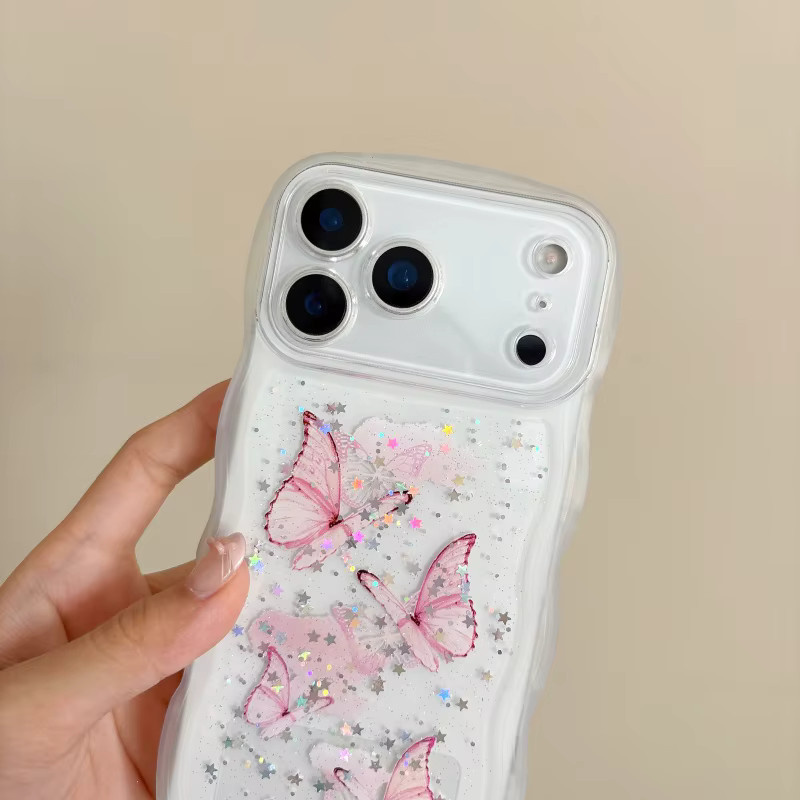 Transparente Apple iPhone Handyhülle mit Epoxy Glitzer Sternen und Schmetterlingen in Lila inklusive Handgelenkskette - Bild 2