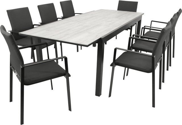 DEGAMO Gartenmöbel Garnitur FARO 9-teilig mit Ausziehtisch aus Alu, Glas und Kunstgewebe in Grau - Bild 1