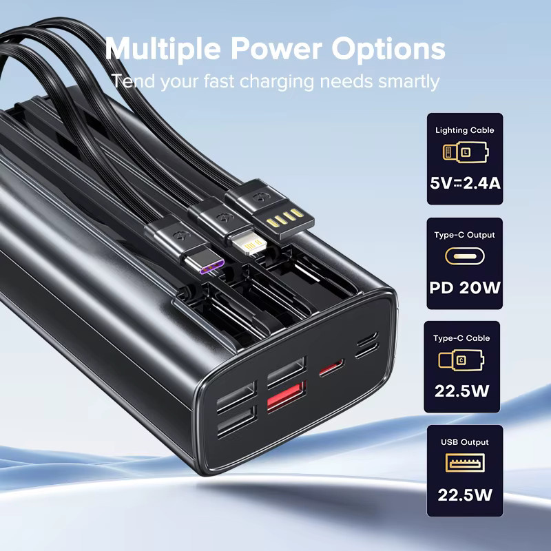 QOOVI Powerbank 30000 mAh mit 22,5 W Schnellladefunktion und integrierten Kabel in Schwarz - Bild 2