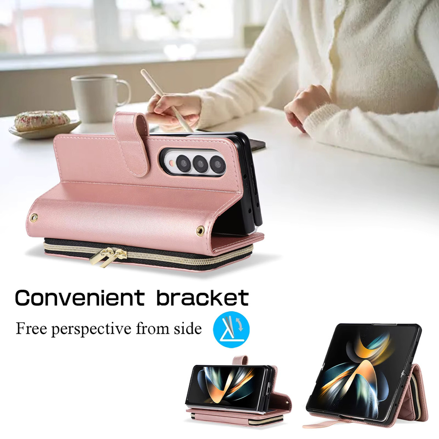 Samsung Galaxy Z Fold Brieftaschenhülle mit Kapazitätskartenhalter, Umhängeband, Reißverschluss und Magnetverschluss in Green und Pink - Bild 4