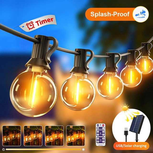 G40 LED-Solar-Lichterkette in Warmweiß mit Fernbedienung, 8 Blinkmodi und einstellbarer Helligkeit, wetterbeständig - Bild 1