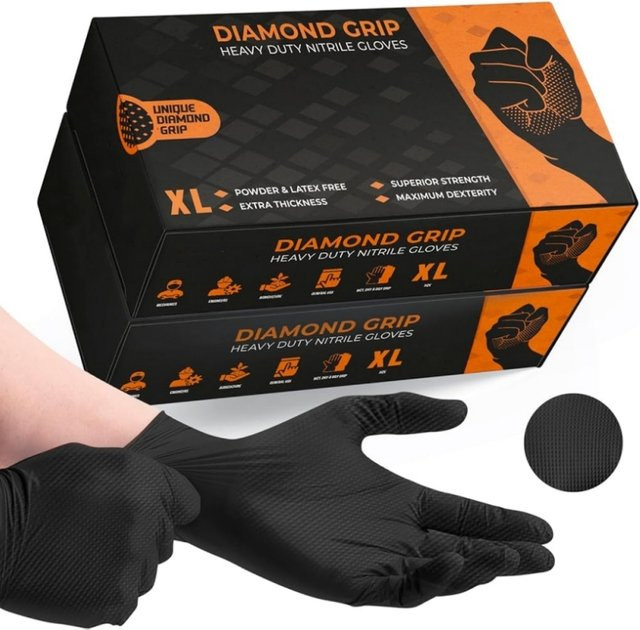 INMAICH Nitril-Einweghandschuhe in Schwarz, robuste 8mil Schutzhandschuhe mit Diamantstruktur für industrielle Anwendungen und mechanische Sicherheit - Bild 1
