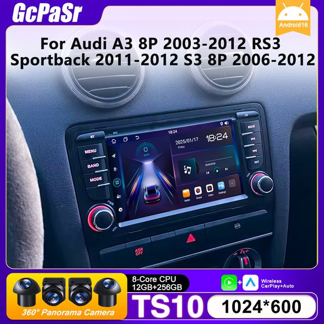 FengShiDa Android Auto Radio mit GPS und CarPlay für Audi A3 8P 2003-2012, RS3 Sportback 2011-2012 und S3 8P 2006-2012 in Schwarz - Bild 1