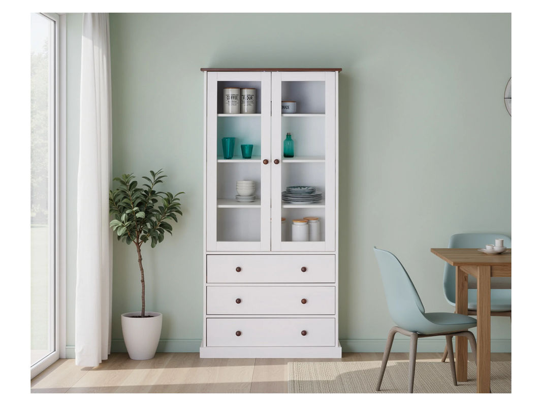 INTER LINK Vitrinenschrank Westerland im Landhausstil aus massivem Kiefernholz, Weiß/Braun, H: 190,0 cm, B: 50,55 cm, T: 38,4 cm - Bild 3