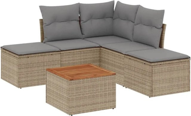 vidaXL 6-teilige Garten-Sofagarnitur in L-Form aus PE-Rattan und pulverbeschichtetem Stahl mit Kissen in Beige und Grau - Bild 1