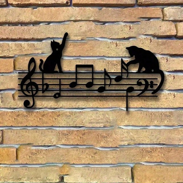 Wetterfeste Metall-Wanddekoration von CIFBUY mit Katzen-Silhouetten und Musiknoten in Schwarz - Bild 1