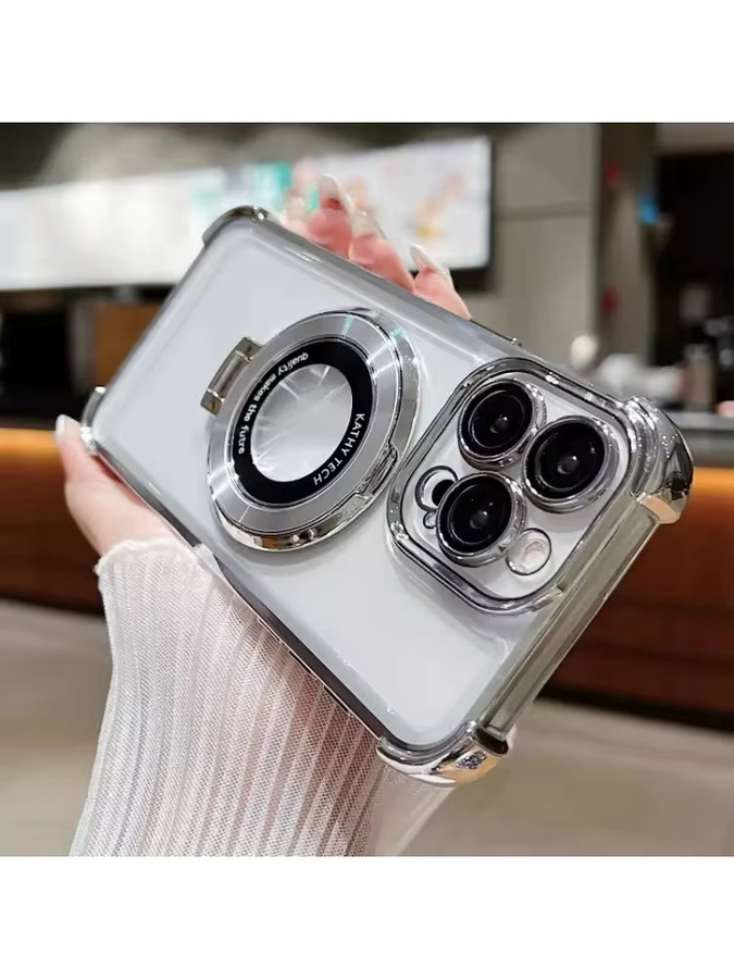 EIENACOCO Stoßfeste Handyhülle mit MagSafe Magnet und Ständerfunktion für iPhone 12 bis 17 Pro Max, Transparent/Gold - Bild 4