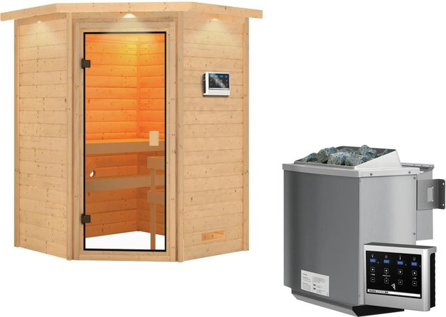 Karibu Massivholzsauna Antonia aus Fichte in Bronze/Braun mit 9 kW BioKombiofen, externem Steuergerät und LED-Dachkranz, B/T/H: 145 x 145 x 187 cm - Bild 1