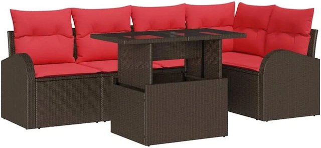 vidaXL Garten-Sofa-Set in L-Form mit 6 Kissen, braunes Poly-Rattan und roter Polsterung, inklusive Couchtisch und Eckelement für Garten und Terrasse - Bild 1