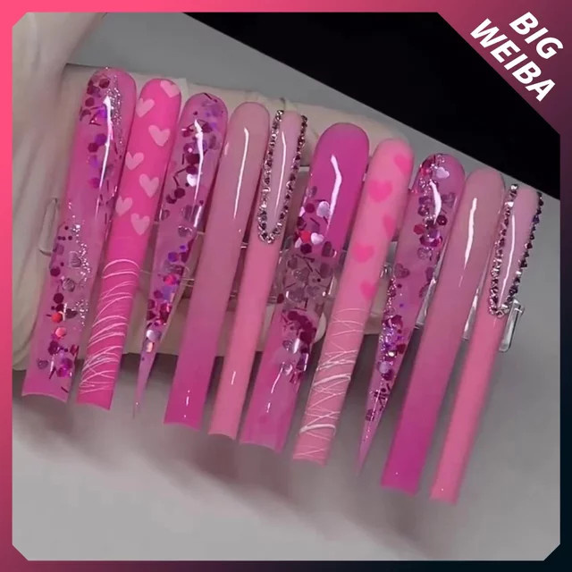 Nail Art Press On Nail Tips, Long Coffin, Glänzend, 3D Diamant - Bild 1