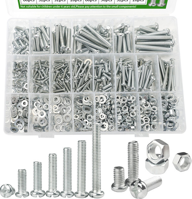 MIVM 546-teiliges Set aus verzinkten Kreuzschlitz-Rundkopfschrauben, Muttern und Unterlegscheiben in Silber für M3, M4, M5 und M6 - Bild 1