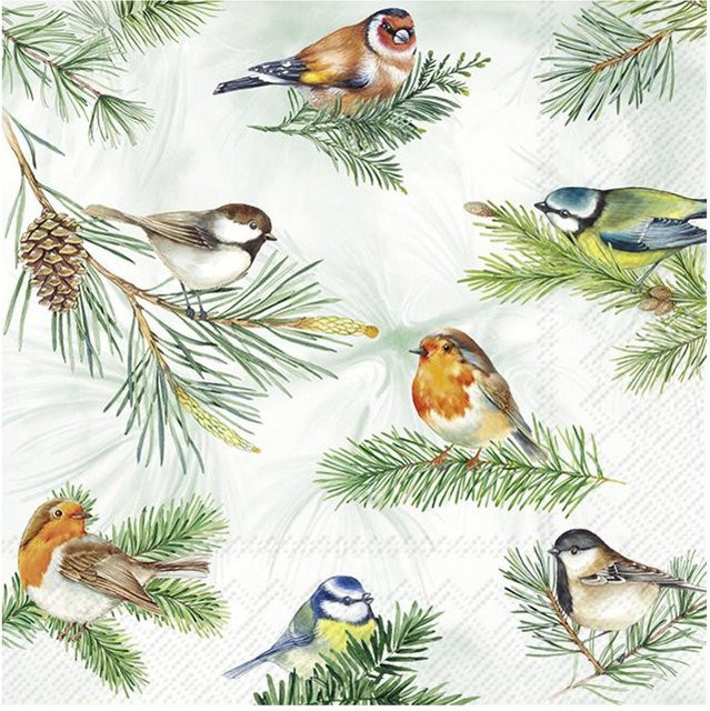 Serviette Birds on Branch aus Papier in Grün für den Winter - Bild 1